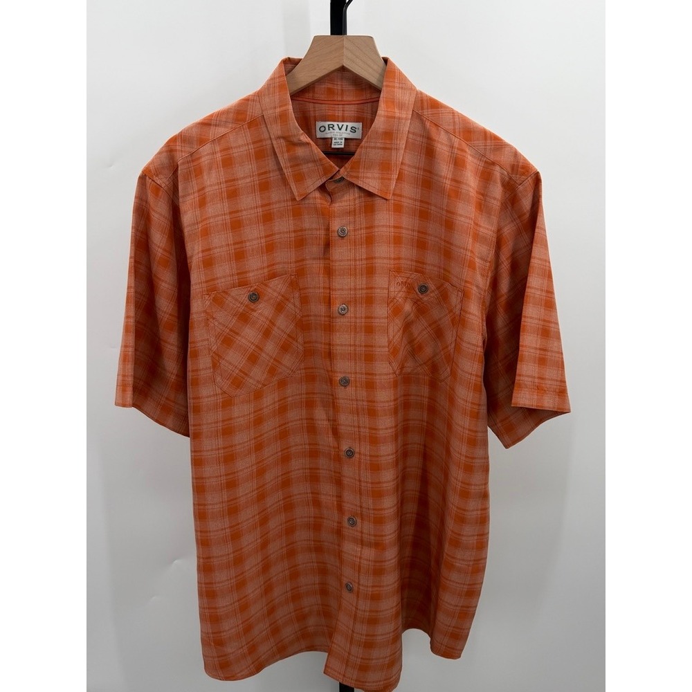 Orvis Mens Fishing Shirt Short Sleeve Plaid Chest Pocket Breathable Rust Camp XL